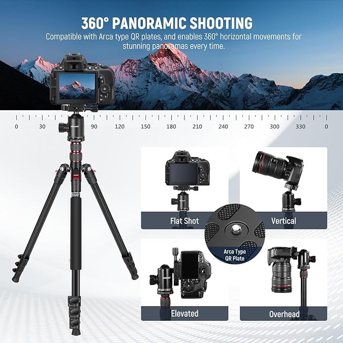 NEEWER 77" Camera Tripod Monopod with Cell Phone Holder Compatible with iPhone for Video Recording, Compact Aluminum Travel Stand with Ball Head QR Plate Bag Cleaning Cloth, Max Load 34lb, TP77