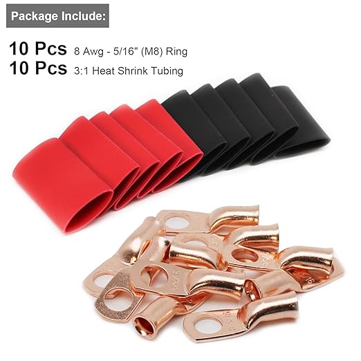 TKDMR 10pcs 8 AWG-5/16 Battery Lugs,Heavy Duty Wire Lugs,Ring Terminals,Battery Cable Ends,0 Guage terminals,Battery Terminal Connectors with 10pcs 3:1 Heat Shrink Tubing