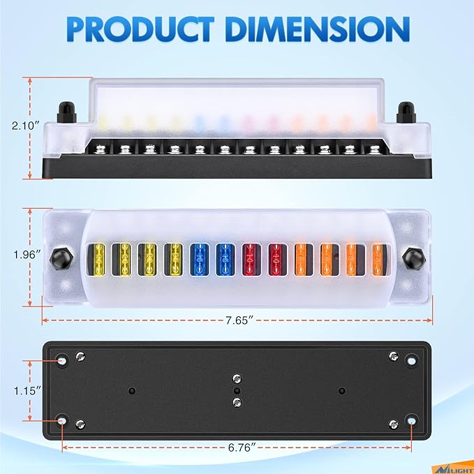 Nilight 12 Way Fuse Block with Negative Bus 12V Blade Holder ATC/ATO Standard Box Label Stickers Waterproof Cover Panel for Automotive Cars Trucks RVs Campers Vans