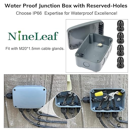 IP66 Outdoor Junction Box, Nineleaf 6PK Weatherproof Electrical Boxes with 24PK 20mm Cable Gland Kit(6 Set), PVC/ABS Plastic Enclosure Box Universal Watertight 4.9 x 3.3 x 2.3 inch (125x86x62mm)