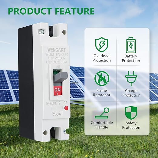Wengart 250 Amp DC MCCB Circuit Breaker, 250V 1-Pole Molded Case Breaker for Solar PV System, High-Capacity Battery Bank & Off-Grid Inverter, Heavy-Duty DC Master Disconnect, WGM1PV-250