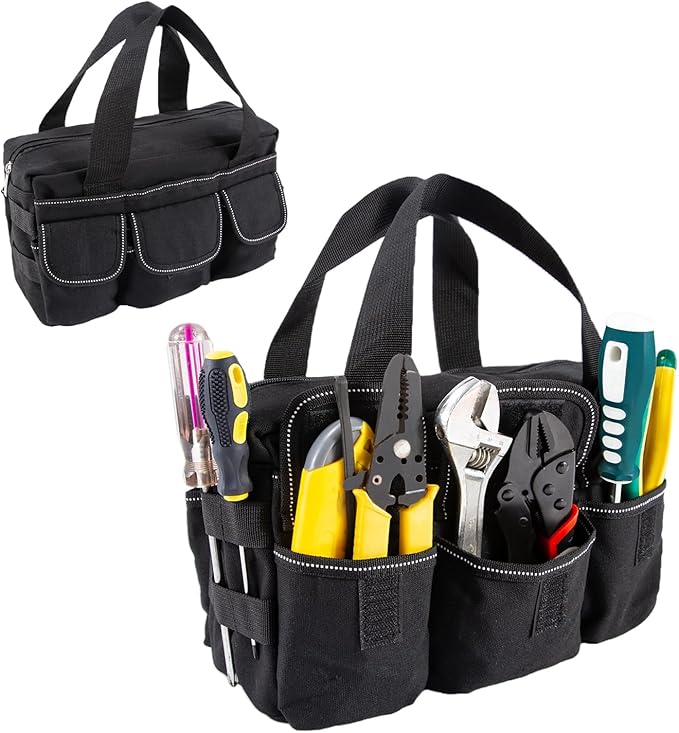 Small Tool Bag,Close Top Wide Mouth Tool Organizer Bag,Large Capacity Tool Bags for Men,Canvas Tool Storage Bag for Storage Handbag for Screwdrivers,Wrench,Pliers Hand Tools (Black-1, 12 Inch)