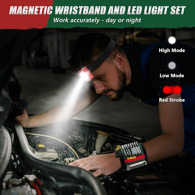 Magnetic Wrist band with LED Light, Magnet Tool Belt Wrist Band for Screw and Nail, Adjustable Wrist Tool Holder, Birthday Gifts for Men, Dad, Him, Mechanic, Woodworker, Handyman
