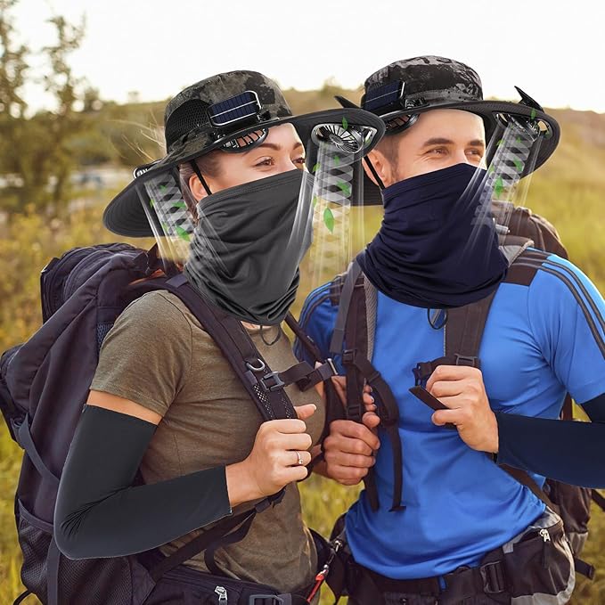 Syhood Solar Powered Fan Hat with Arm Sleeves Neck Gaiter for Men Women Outdoor Wide Brim Bucket Hat with Fan for Hiking