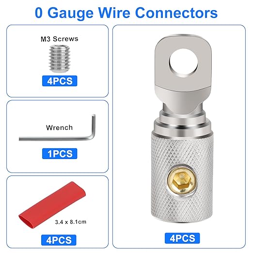 Linkstyle 4PCS 0 Gauge Screw Ring Wire Terminal Connectors, 1/0 AWG Car Battery Cable Audio Amplifier Wire Butt Connectors, with Wrenches Screws Heat Shrink Tubing