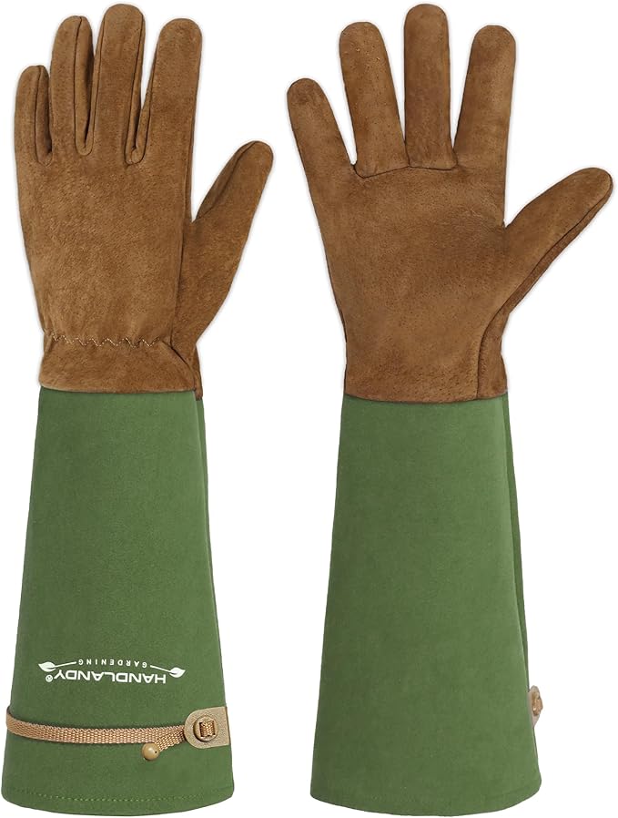 HANDLANDY Long Gardening Gloves for Men & Women, Pigskin Leather Rose Pruning Gloves, Breathable Thorn Proof Gauntlet Glove (Moss Green, M)