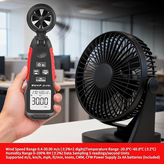 ZOYI ZT-FS1 Digital Anemometer, 3-in-1 Handheld Wind Speed Meter for Air Velocity, Wind Temperature & Air Flow (CFM/CMM), for HVAC, Drone, Fan, Ventilation Tester