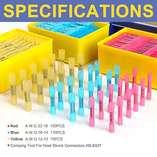 haisstronica 330PCS Marine Grade Heat Shrink Butt Connectors Set, 22-10 AWG (3Colors/3Sizes), with 9" Heat Shrink Crimping Tools and Organizer