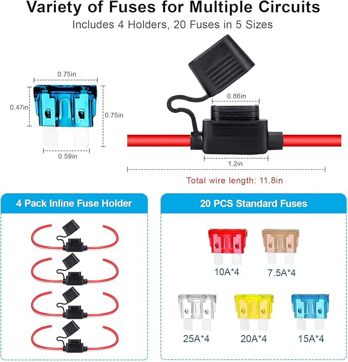 4 Pack 14AWG Inline Fuse Holder, Waterproof Standard 12V/24V Automotive Fuse Holder Kit with 20pcs ATC/ATO Fuses (7.5A-25A), Tinned Copper Wire for Auto Marine Pump Boat Truck