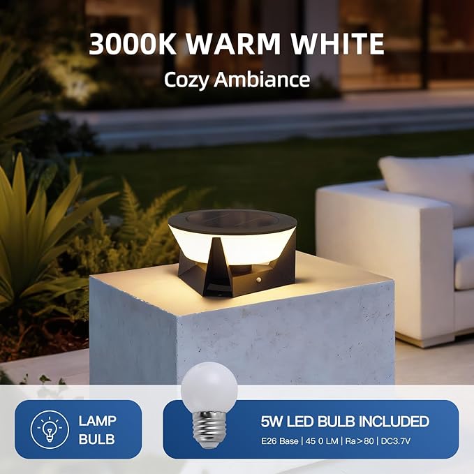 11" Solar Post Lights, IP54 Waterproof Outdoor Lamp Post Light, 3000K Pillar Lights Outdoor, Dusk to Dawn Solar Column Light, Modern Pillar Lighting for Patio Posts Fence Gate Garden Entrance