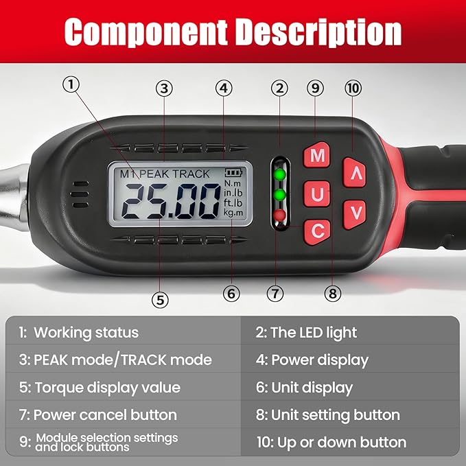 Adjustable Digital Torque Wrench 5-100 ft.lb/6.8-135 N.m,Electronic Torque Wrench with 42 mm Open End, 2% Accuracy, LED Buzzer Alert, for HVAC