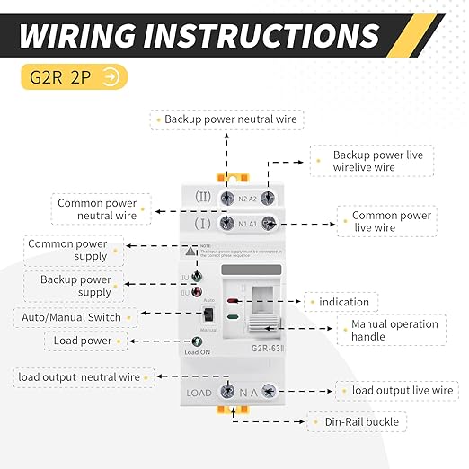 Mini ATS AC Automatic/Manual Transfer Switch 2P 63A 110V, ATS Manual Transfer for Uninterruptible Power Supply Home, Dual Auto Power Electrical Selector Switch DIN Rail Mount（G2R 2P 63A AC110V）