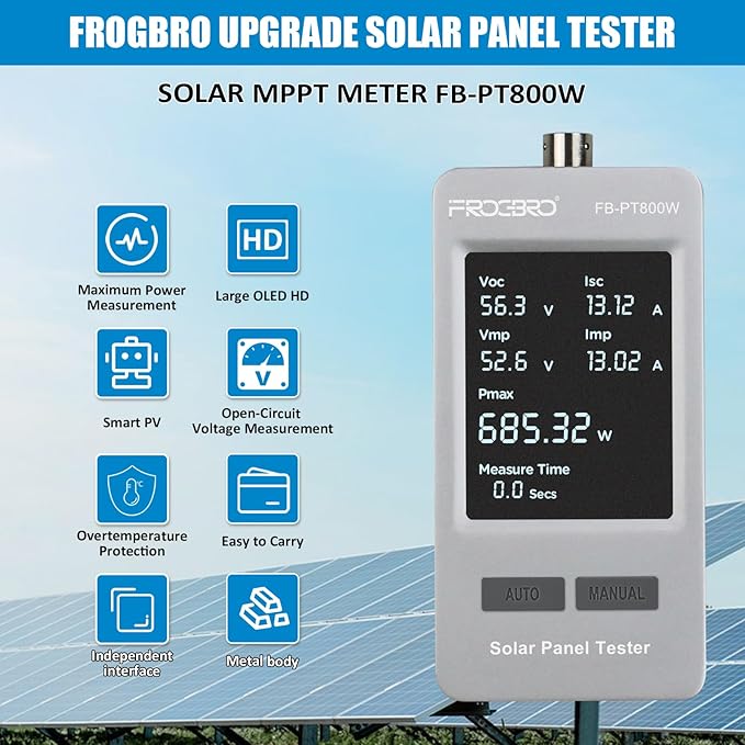 FrogBro 800W Solar Panel Tester – PV Multimeter with Smart MPPT & HD OLED Display for Solar Panel Diagnostics and Data Analysis