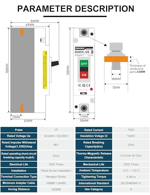 DIHOOL 100 Amp Battery DC Disconnect Switch, DC Breaker for Main Power Station, UPS,Solar