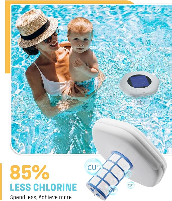 Solar Pool Cleaner, Floating Water Cleaner and Purifier, Copper for Pool 35,000 Gallons, Large Solar Panel & 2 Sets of Fittings, Floating Water Cleaner for Above Ground Pool & Inground Pool