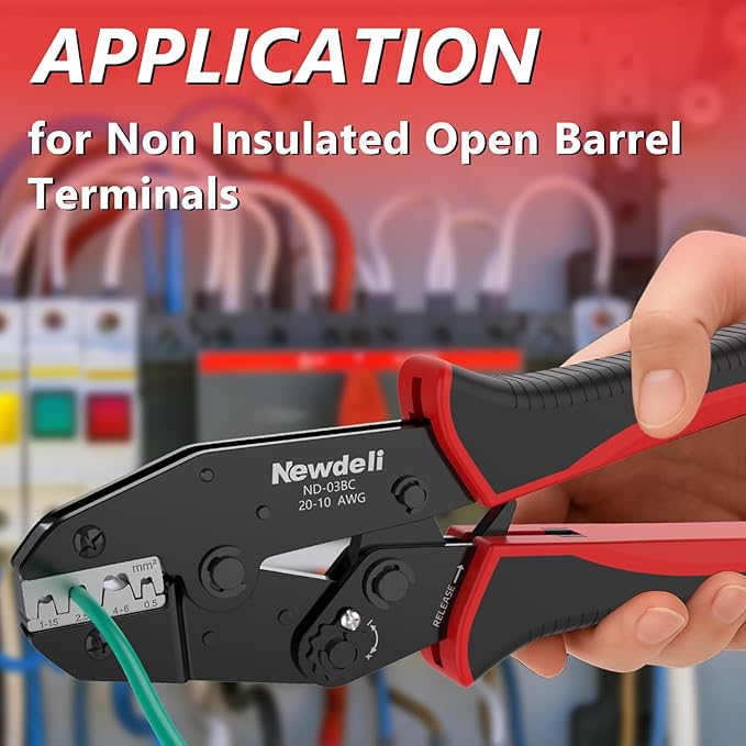 Newdeli Wire Crimping Tool for Non Insulated Open Barrel Terminals Receptacles - AWG 20-10 Ratchet Wire Crimper Open barrel Crimping Tool Electrical Connectors Ratcheting Crimping Plier Crimp Tool
