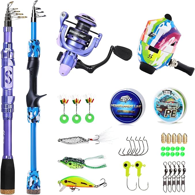 Sougayilang Portable Telescopic Fishing Combo for Family - Adjustable Carbon Fiber Pole & Smooth Reel, Complete Saltwater/Freshwater Kit for Adults and Kids