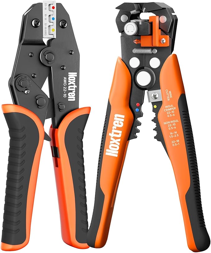 Wire Stripper and Crimping Tool, AWG 24-10 Self-Adjusting Stripper Tool with AWG 22-10 Ratcheting Wire Terminal Crimper for Heat Shrink Wire Connectors
