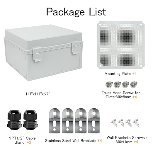 Junction Box IP65 Waterproof Electrical Box Outdoor ABS Plastic Project Box Hinged Shell Universal Enclosure Box with Mounting Plate, Wall Brackets, Cable Glands 11.8" x 11.8" x 7.1"