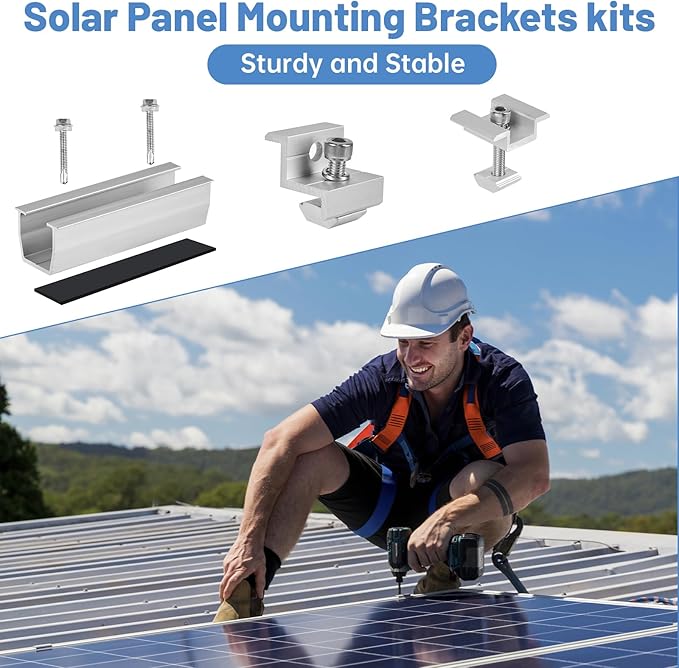 Solar Panel Mounting Brackets, 6 Pcs Aluminum Solar Panel Bracket Kit with Mounting Rails Mid & End Clamps, Solar Panel Mount for Rooftop Tin Flat Metal Roof RV Boat PV Modules Fixing Installation