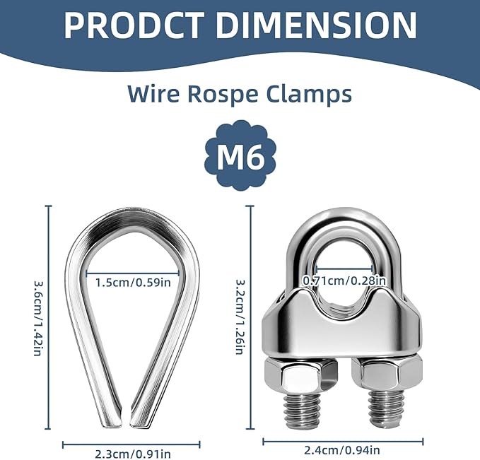 SSGP 8Pcs Stainless Steel Wire Rope Cable Clamp Clips - Heavy-Duty Clamps for Cable Securing 8 Pcs1/4 Wire Rope Thimble U Bolt Saddle Fastener(M6-1/4)