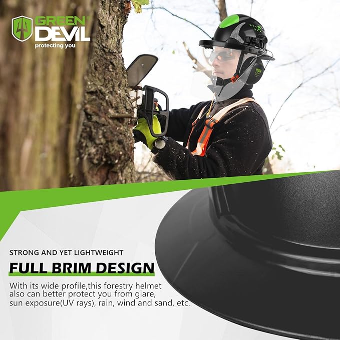 GREEN DEVIL Industrial Chainsaw Helmet with Face Shield Built in Visor and Ear Muffs 4 in 1 System ANSI Z89.1 Safety Hard Hat Adjustable Headgear Ideal for Forestry and Arborist Work Full Brim Style