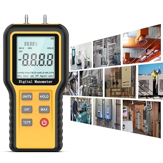 BTMETER Manometer Gas Pressure Meter, Dual Port Manometro Pressure Differential Gauge Check Air Flow Pressure for HVAC Gas Furnace, Digital Manometer w/Backlight 12 Measure Units QX-1201