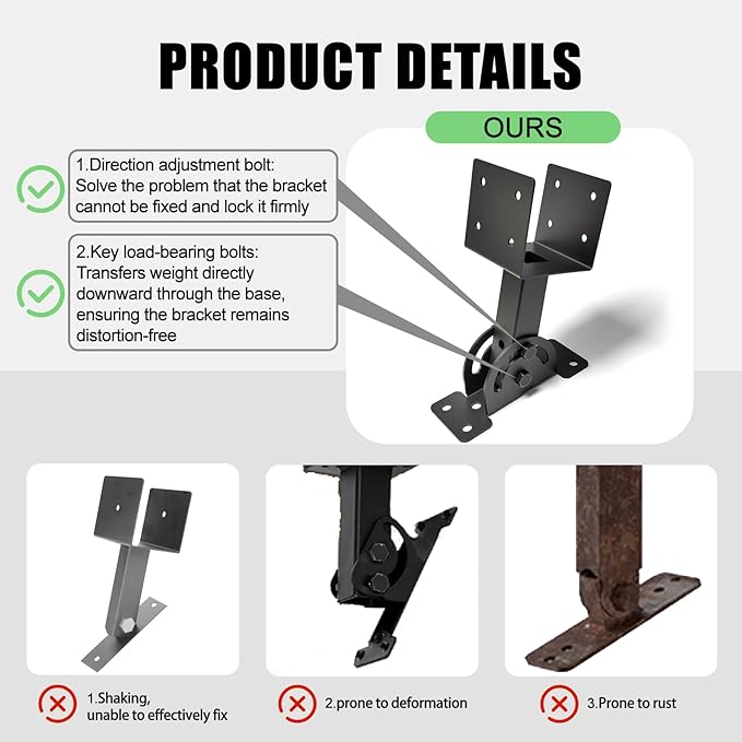 4x4 Heavy Duty Roof Riser Brackets Kit 3 Pcs，Adjustable Angle Pergola Brackets Black Powder-Coated for Patio Pergola Gazebo