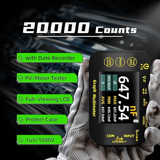 BSIDE 20000 Counts Digital Multimeter Date Recorder, 1uV/1000V Photovoltaic/Miners Voltmeter Tester, TRMS with Rechargeable, Measures Capacitance Diode MAX/MIN/PEAK Voltage Temperature Ohm Continuity
