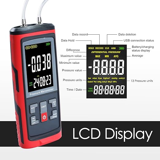 Manometer Data Logger, Dual-Port Digital Manometer Gas Pressure Tester Support PC Data Records, 13 Selectable Units Differential Pressure Gauge Manometer HVAC with Large LCD Screen