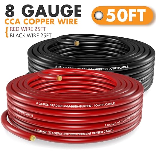 Jeemiter 8 AWG CCA Wire Kit - 50ft Total (25ft Red & 25ft Black) | Complete Power & Ground Cable for Car Audio, Solar, RV | with Lugs & Heat Shrink Tube