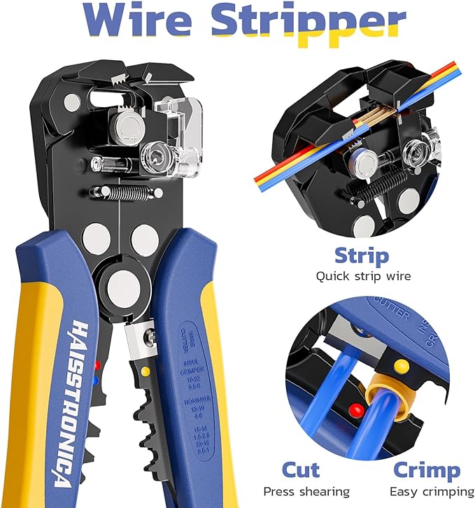 haisstronica Wire Stripper and Crimping Tool,AWG 24-10 Automatic Stripper Tool with AWG 22-8 Ratchet Wire Crimper For Non-Insulated Connectors