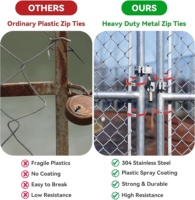 Red Metal Zip Ties Heavy Duty 11.8 inch for Outdoor Use, Stainless Steel Epoxy Coated Cable Chain Link Fence Zip Ties, Durable Metal Wire Ties Strap UV Resistant