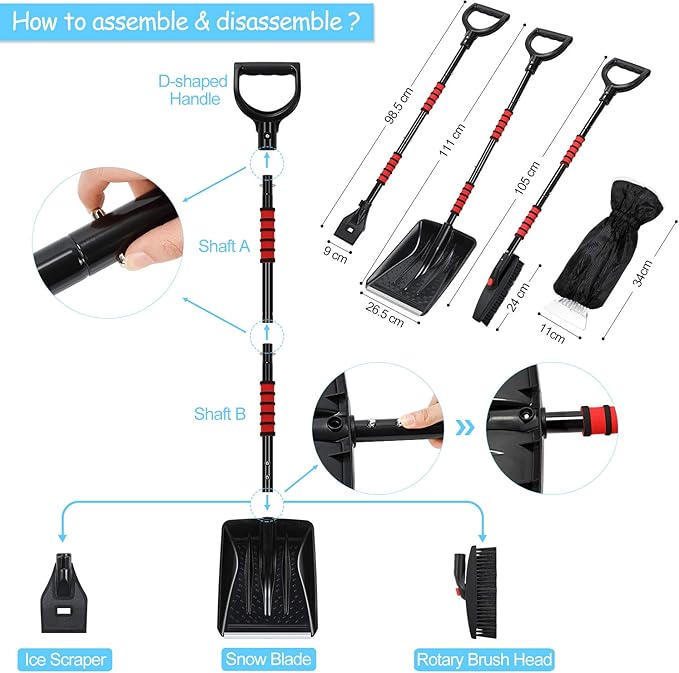 Snow Shovel Kit Removal Tools - 5 in 1 Foldable Car Snow Shovel + Snow Brush + Ice Scraper + Glove + Mini Ice Scraper, Portable Emergency Snow Remover Shovel Set for Car Truck Camping Outdoor