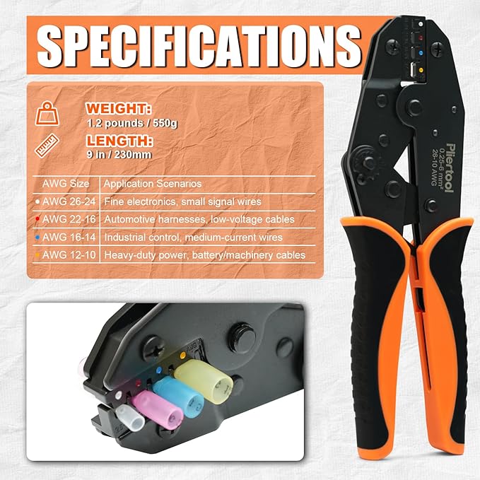 Crimping Tool for Heat Shrink Connectors-AWG 26-10, Ratcheting Wire Terminal Crimper Crimping Pliers Available for Insulated Nylon Connectors and Wire Terminal