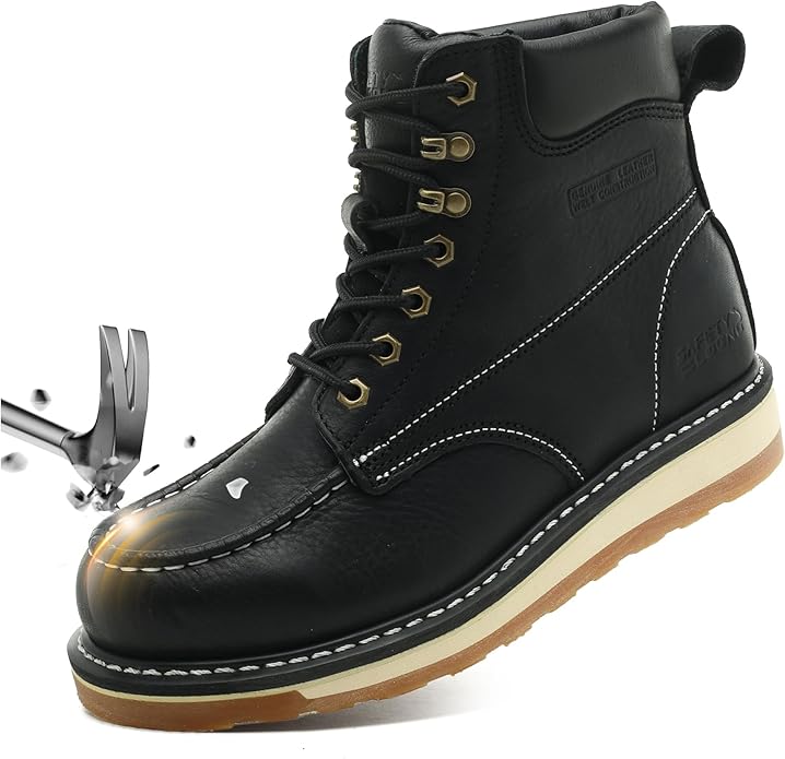 Moc Toe Work Boots for Men Waterproof Soft/Steel Toe Comfortable Full Grain Leather Non Slip Wedge Outsole Construction 6" Workboots