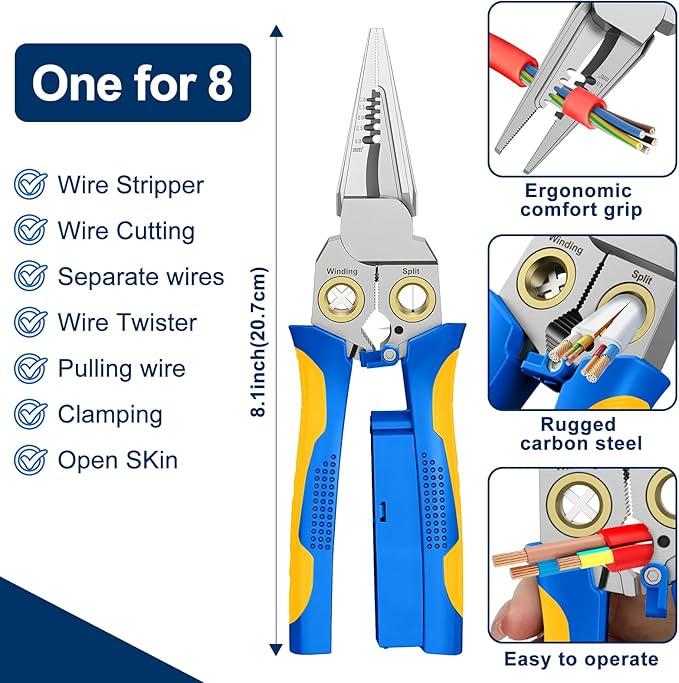 GADO Pro 8-in-1 Wire Stripper/Cutter with Voltage Tester & Dual Alarms - Heavy Duty 12-250V AC/DC Electrical Tester for Hot/Neutral Wires - Electrician, HVAC, Car Repair Tool (Blue-1)