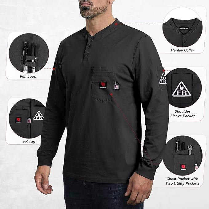 ARCCAPTAIN FR Shirts for Men 8oz 100% Cotton Fire Resistant Henley Shirt CAT2 NFPA2112 Welding Work Long Sleeve Clothing