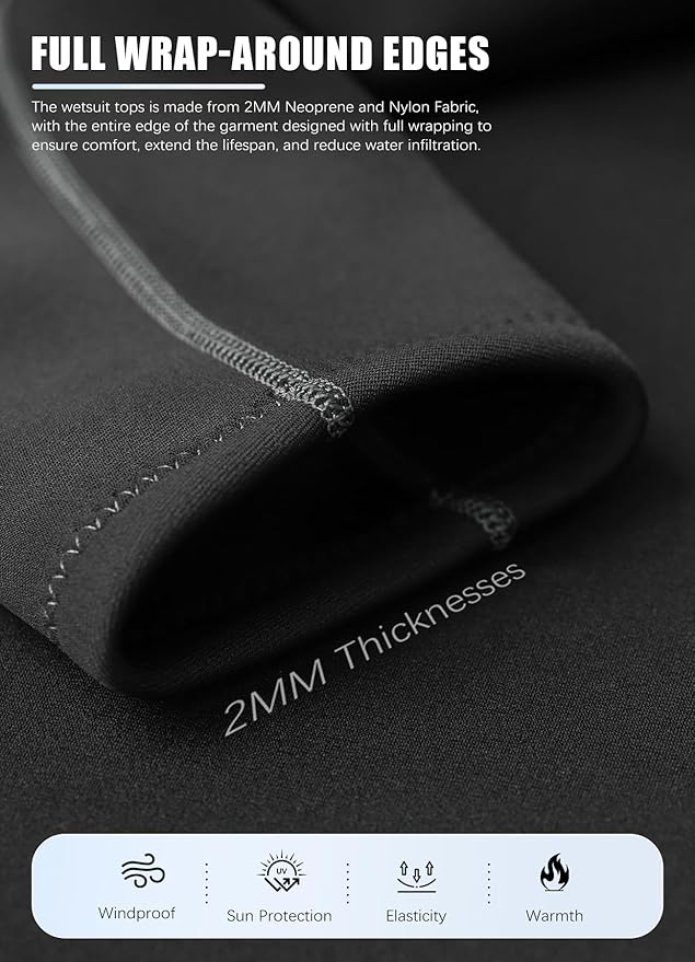 Hevto Men Wetsuit Tops and Vest 3/2mm Neoprene Jacket Surfing Swimming Front Zip Wet Suit for Water Sports