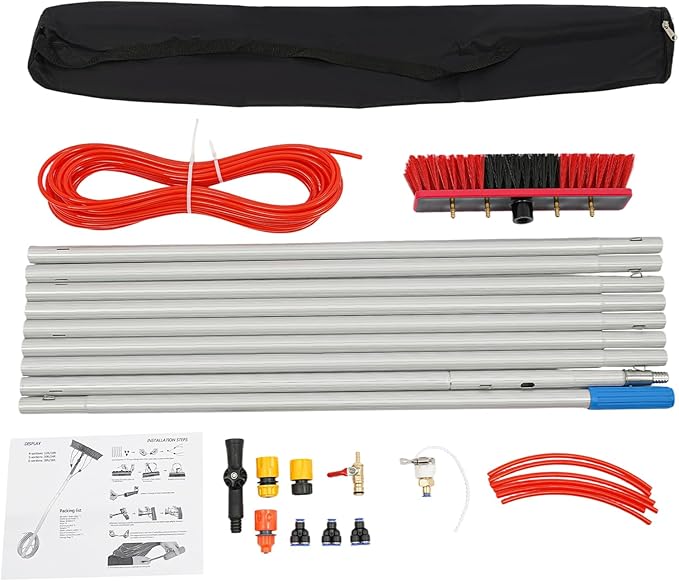 Reach Solar Panel Cleaning Brush Kit, 14" Width Cleaning Brush, Window Washing Equipment Kit with Telescopic Pole 65ft Water Hose Ideal for Snow Removal Windows Boats RVs Decks (29.53ft)