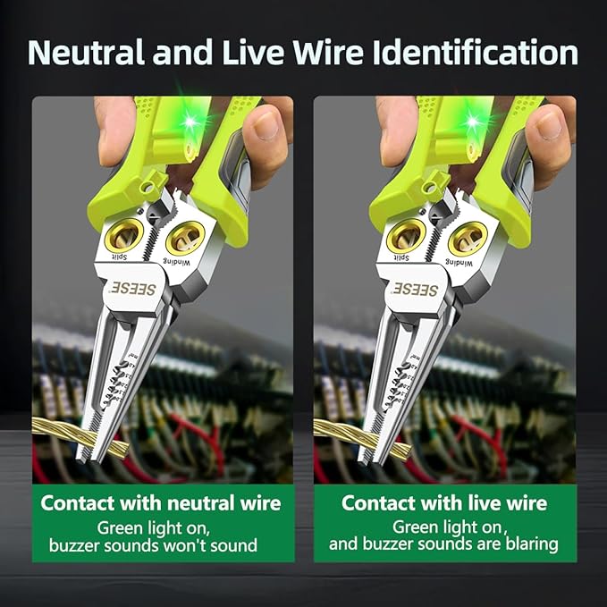 8-in-1 Wire Stripper for Electrician: Needle Nose Pliers with Voltage Tester & Dual Alarms - Electrical Pliers for Cutting Wires, Pulling Wires and Crimp Wires