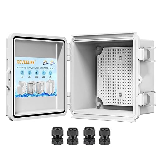 Waterproof Junction Box ABS Plastic, Outdoor Electrical Box IP67 Hinged Cover Project Box with Mounting Plate Wall Brackets and 2 Cable Glands, Grey Electrical Enclosure 5.9"x5.9"x3.5"