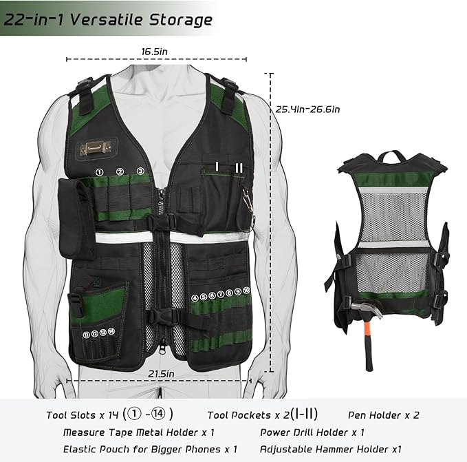 Electrician Tool Vest for Men, Reflective Safety Work Vest with Adjustable Thick Straps, Removable Phone Holder for Electrical, Carpenters, Construction, 22 Pockets.Green