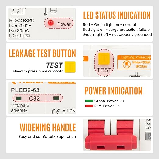 Leakage Protection Breaker Ground Fault Circuit Breaker 2-Pole 120/240VAC with Surge Residual Current Circuit Brekera para Casa for Home and Industrial (63 Amp)