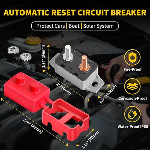 20Amp Automatic Reset Circuit Breaker 12V-24V DC for Automotive Marine Boat Car RV Trailer Solar System with Cover Stud Bolt, IP66 Waterproof (Pack of 6)