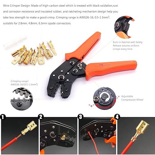Twidec/640Pcs 2.8/4.8/6.3mm Quick Splice Male and Female Wire Spade Connector Crimp Terminal Golden Kit with Wire Terminal Crimping Pliers Tools 26-16AMG for Electrical Wiring Car Audio Speaker