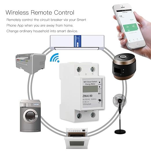 WiFi Smart Energy Monitor Switch Meter, Compatible with Alexa Google Home, Remote Control with Smart Life/Tuya App, Din Rail Tester Current Voltage Amperage Power Meter AC 110-230V 60A Multimeter