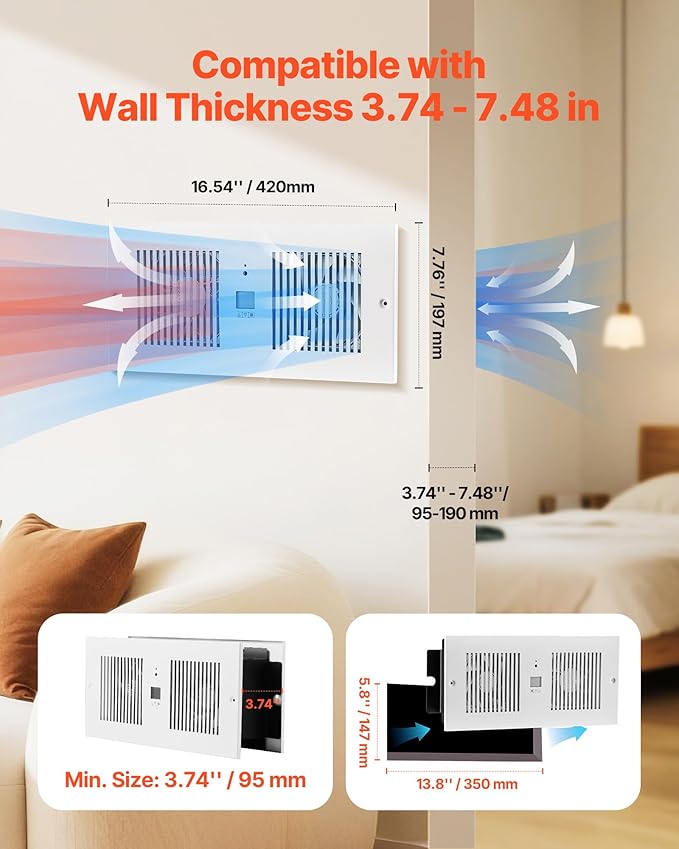 VEVOR Room to Room Fan, Adjustable Dual Airflow Through-the-Wall Fan with Remote & Temperature Control, 300 CFM 10-Speed Ventilation Quiet In-Wall Vent for Living, Laundry Room Indoor