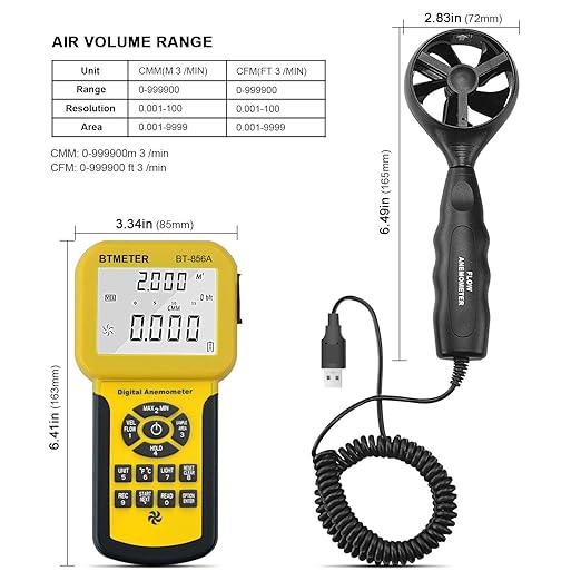 BTMETER BT-856A Pro CFM Anemometer Measures Wind Speed, Wind Flow, Wind Temp for HVAC Air Flow Velocity Meter with USB