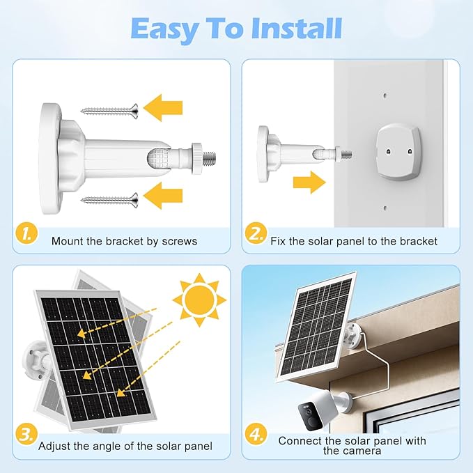 8W Solar Panel for Security Camera, Charger With Micro USB, USB-C & DC Port, IP65 Waterproof, 9.8Ft Charging Cable, Suitable for Rechargeable Battery Cameras